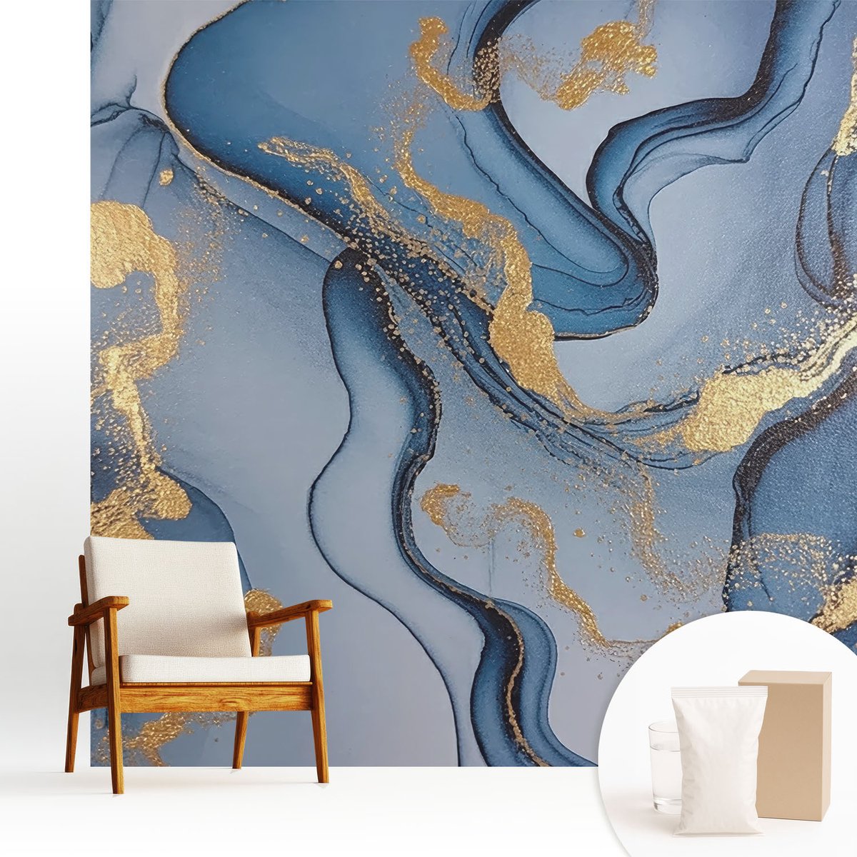 Wallfluent Fotobehang - Blauw Vliesbehang - 250x250 cm - Blauwe Golven Muurschildering - Gang behang Abstractie - Fotobehang Vlies - Slaapkamer behang