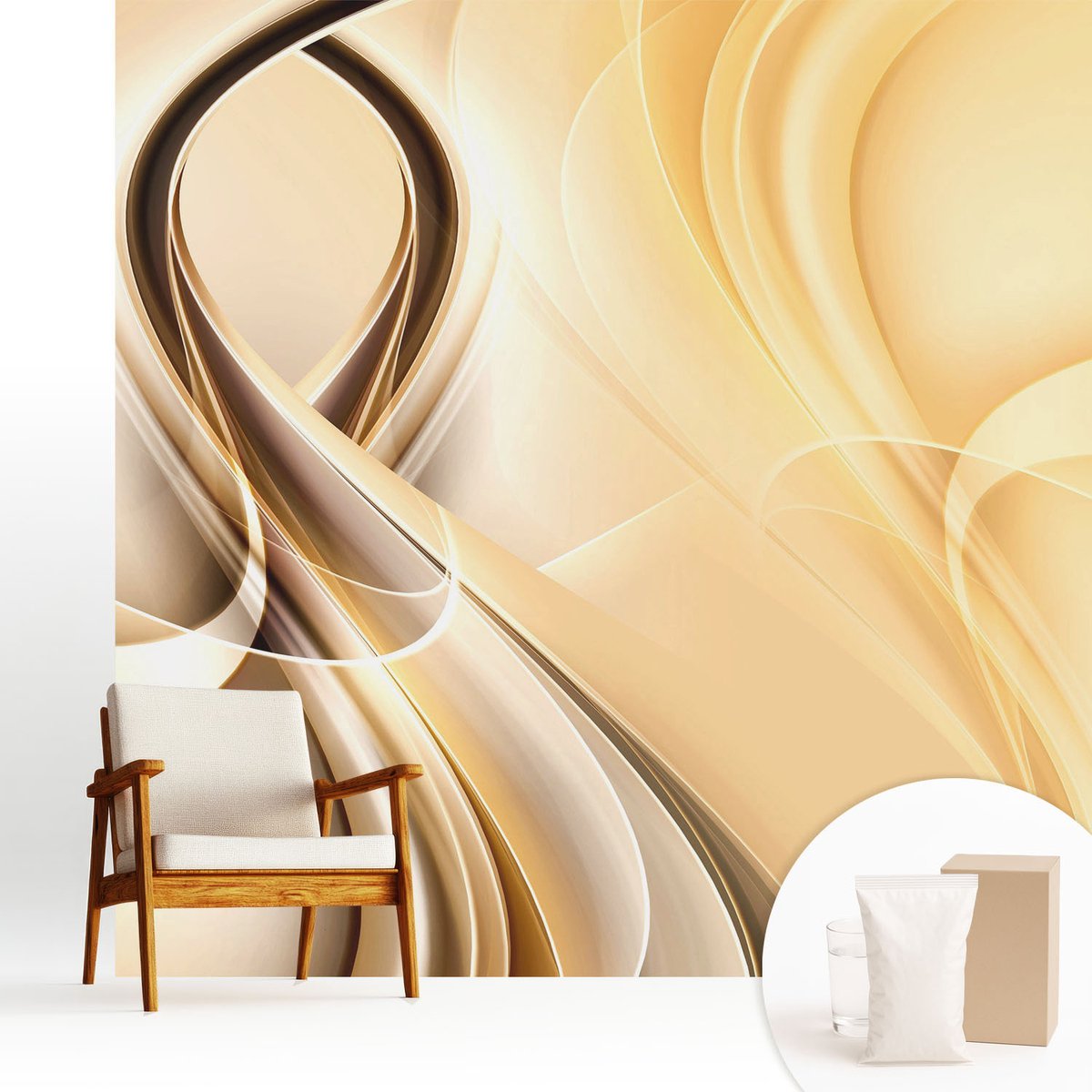 Wallfluent Fotobehang - Beige Vliesbehang - 250x250 cm - Golvende Lijnen Fotobehang Vlies - Hal behang Abstractie - Muurschildering - Woonkamer behang