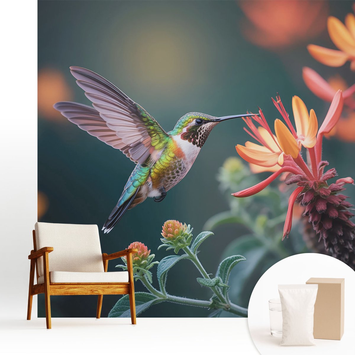 Wallfluent Fotobehang - Groente Vliesbehang - 250x250 cm - Kolibriebloemen Muurschildering - Slaapkamer behang Dieren - Fotobehang Vlies - Gang behang