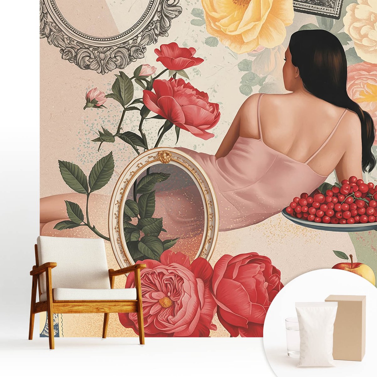 Wallfluent Fotobehang - Beige Vliesbehang - 250x250 cm - Bloemige Elegantie Fotobehang Vlies - Woonkamer behang Deel - Muurschildering - Hal behang