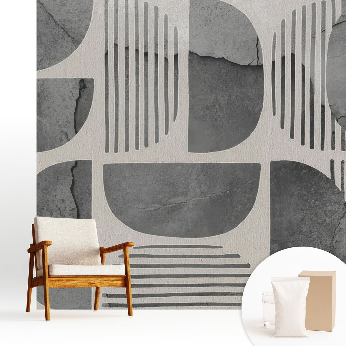Wallfluent Fotobehang - Grijs Vliesbehang - 250x250 cm - Geometrische Vormen Muurschildering - Slaapkamer behang Abstractie - Fotobehang Vlies - Slaapkamer behang
