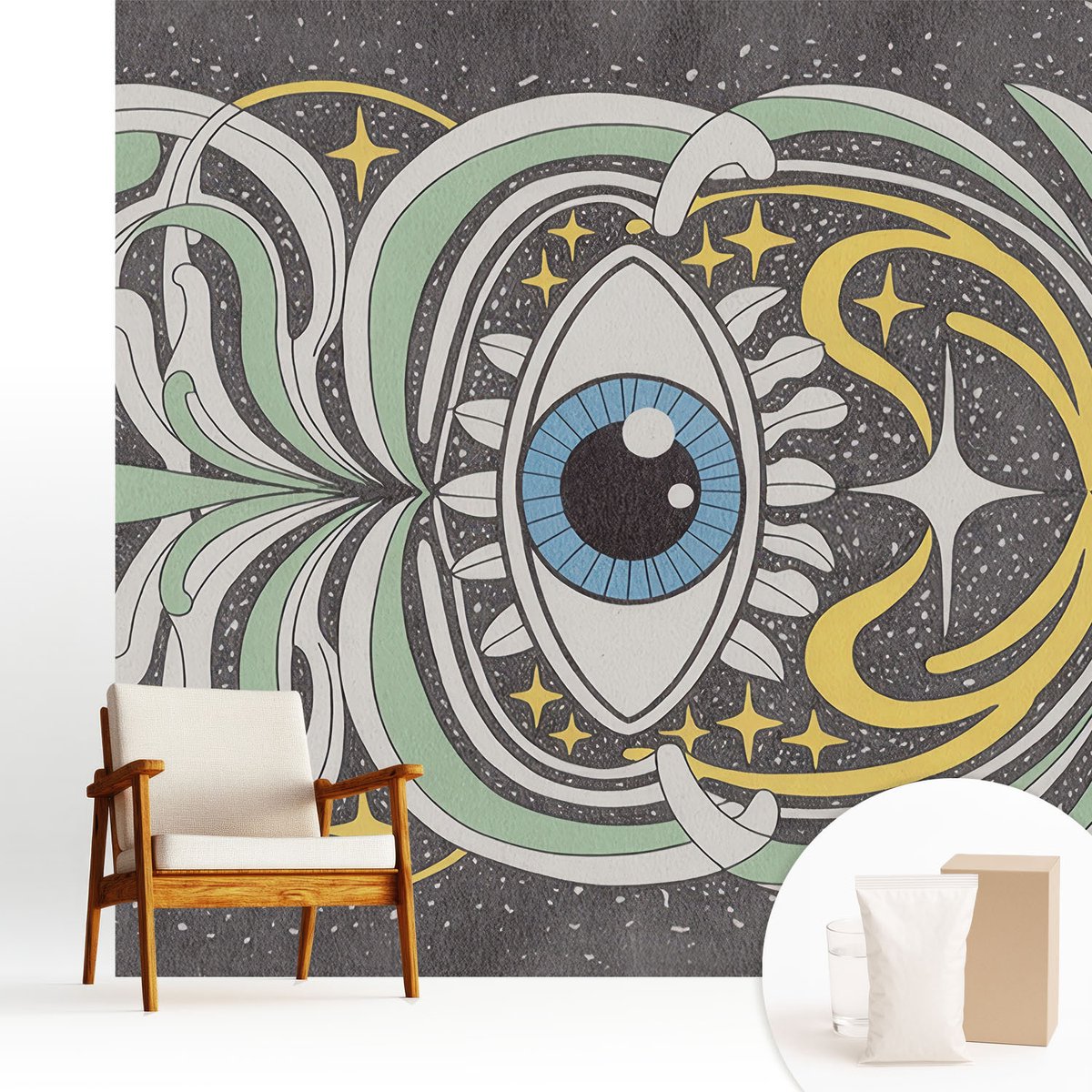 Wallfluent Fotobehang - Zwart Vliesbehang - 250x250 cm - Symmetrisch Oog Fotobehang Vlies - Hal behang Abstractie - Muurschildering - Hal behang