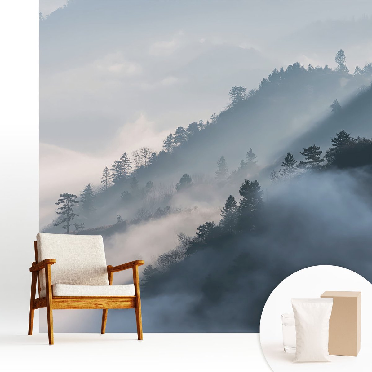 Wallfluent Fotobehang - Wit Vliesbehang - 250x250 cm - Mistig Landschap Fotobehang Vlies - Hal behang Landschappen - Muurschildering - Hal behang