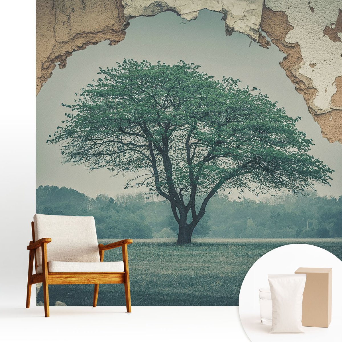 Wallfluent Fotobehang - Grijs Vliesbehang - 250x250 cm - Een Eenzame Boom Muurschildering - Gang behang Landschappen - Fotobehang Vlies - Slaapkamer behang