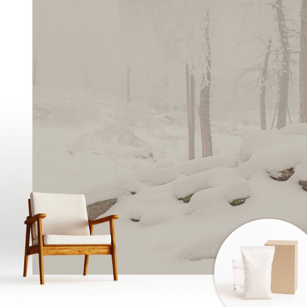 Wallfluent Fotobehang - Wit Vliesbehang - 250x250 cm - Sneeuwbos Muurschildering - Gang behang Landschappen - Fotobehang Vlies - Slaapkamer behang