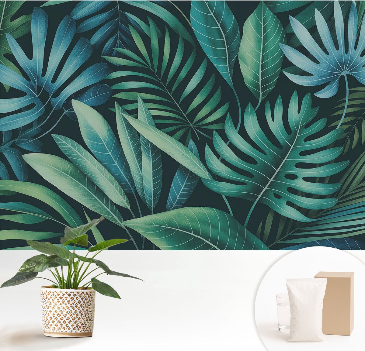 Wallfluent Fotobehang - Groente Vliesbehang - 152x104 cm - Tropische Bladeren Fotobehang Vlies - Hal behang Bloemen En Planten - Muurschildering - Woonkamer behang