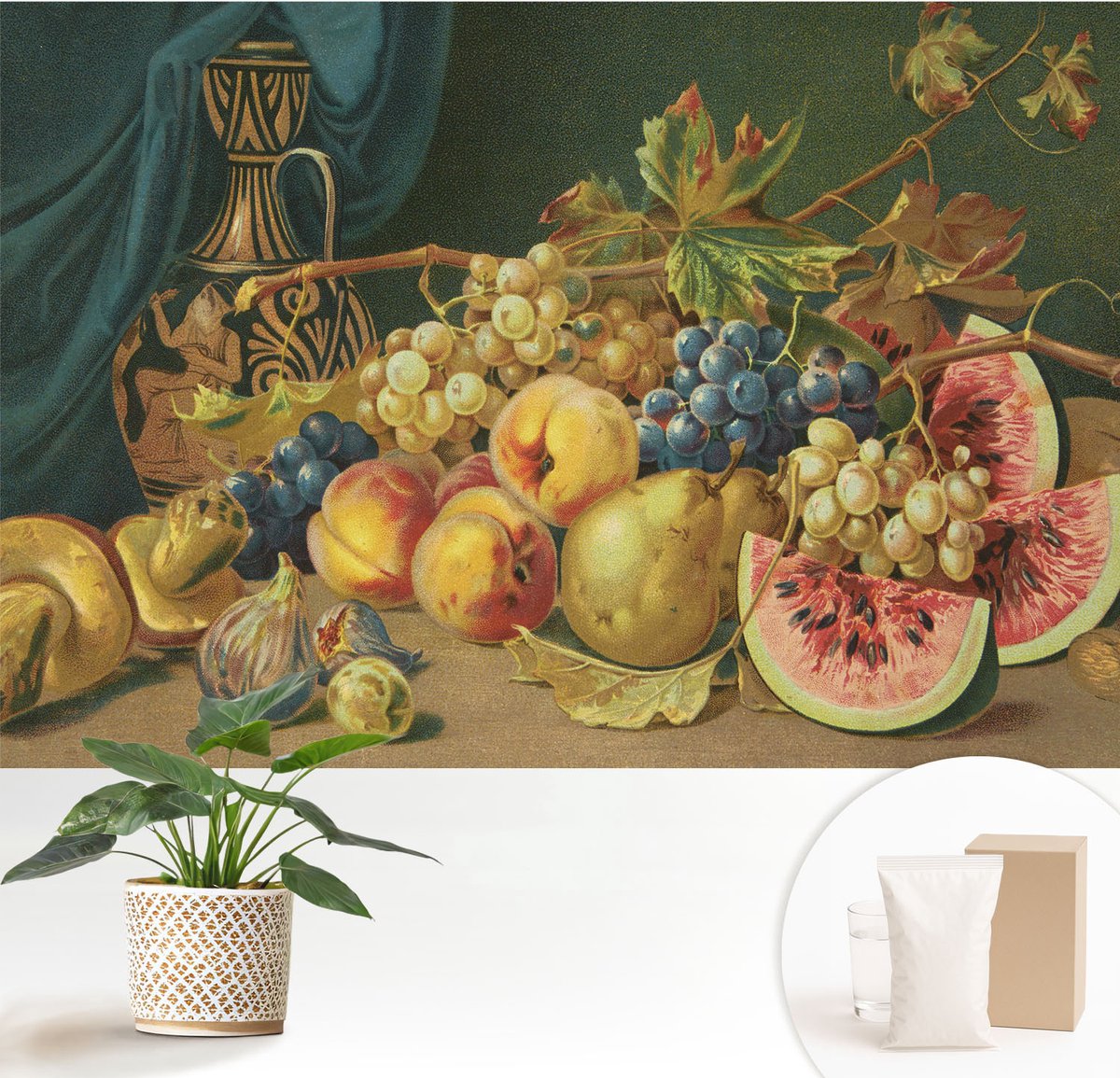 Wallfluent Fotobehang - Grijs Vliesbehang - 152x104 cm - Fruitige Charme Fotobehang Vlies - Hal behang Voedsel - Muurschildering - Hal behang