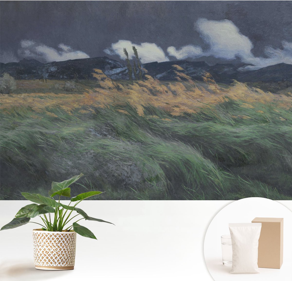 Wallfluent Fotobehang - Grijs Vliesbehang - 152x104 cm - Door De Wind Meegevoerde Grassen Muurschildering - Slaapkamer behang Landschappen - Fotobehang Vlies - Slaapkamer behang
