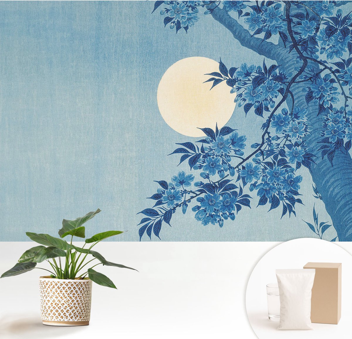 Wallfluent Fotobehang - Blauw Vliesbehang - 152x104 cm - Bloemenmaan Muurschildering - Gang behang Landschappen - Fotobehang Vlies - Gang behang