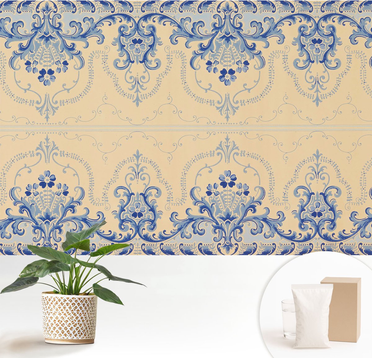 Wallfluent Fotobehang - Beige Vliesbehang - 152x104 cm - Blauwe Ornamenten Fotobehang Vlies - Woonkamer behang Achtergronden En Patronen - Muurschildering - Woonkamer behang