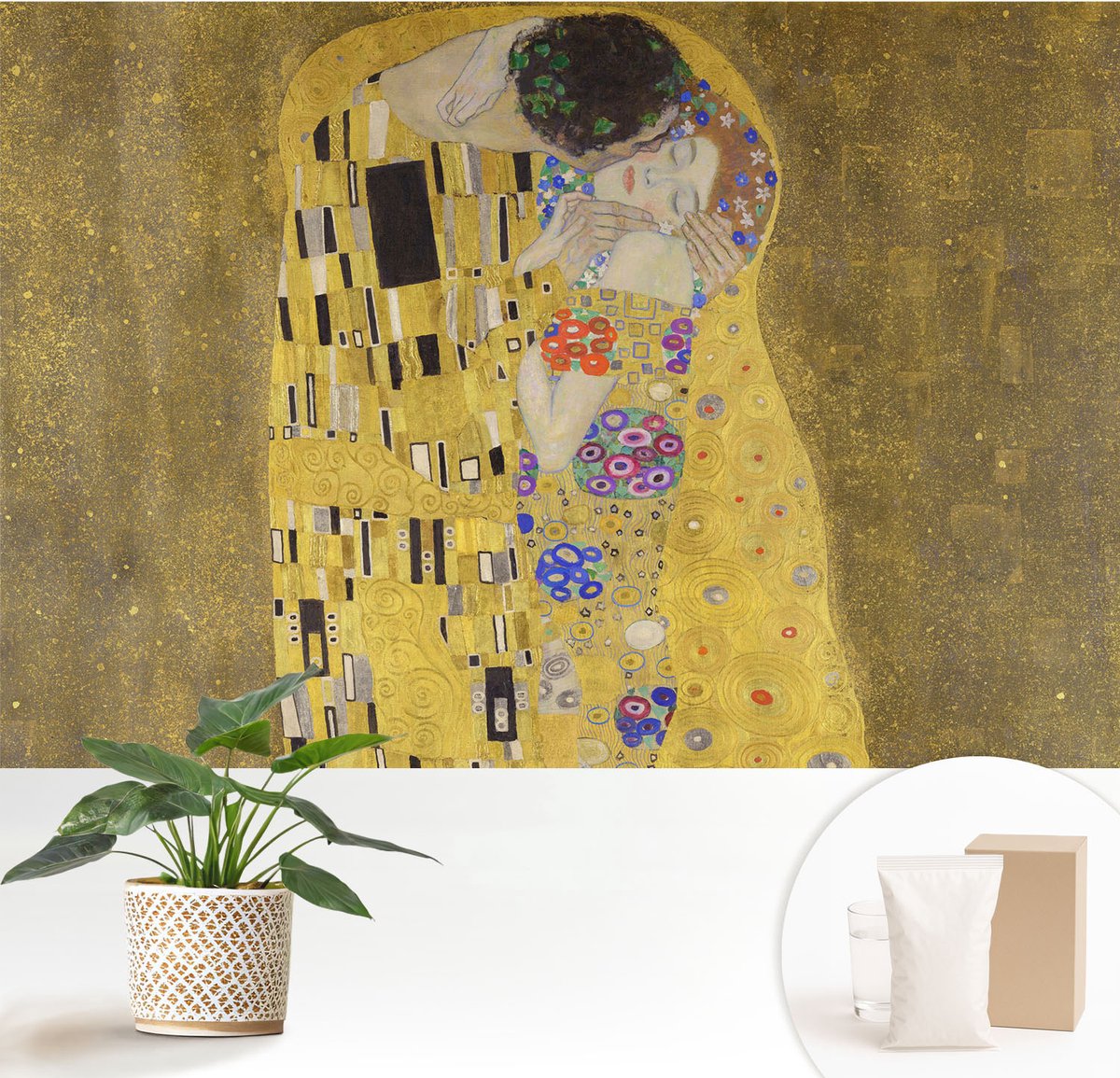 Wallfluent Fotobehang - Geel Vliesbehang - 152x104 cm - Art Nouveau-Paar Fotobehang Vlies - Hal behang Deel - Muurschildering - Woonkamer behang