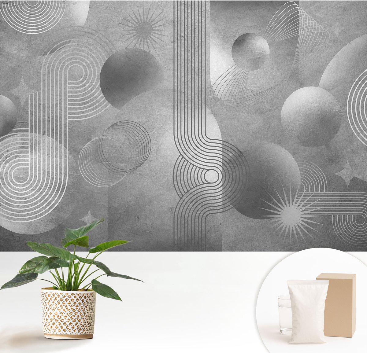 Wallfluent Fotobehang - Grijs Vliesbehang - 152x104 cm - Abstracte Elegantie Fotobehang Vlies - Hal behang Abstractie - Muurschildering - Woonkamer behang