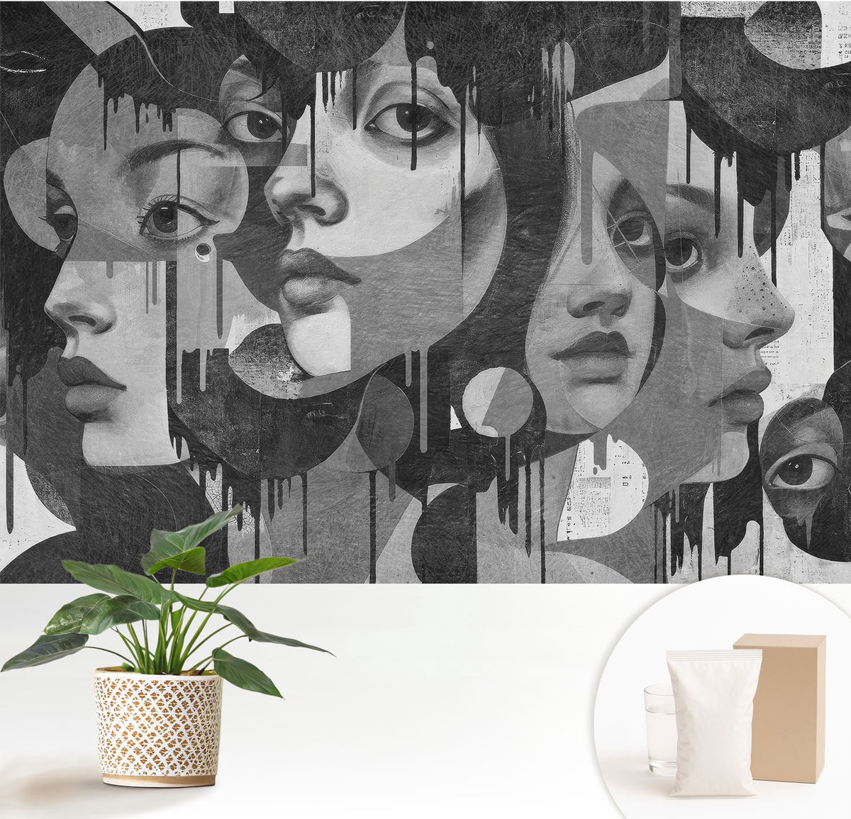 Wallfluent Fotobehang - Zwart-Wit Vliesbehang - 152x104 cm - Vrouwengezichten Muurschildering - Gang behang Deel - Fotobehang Vlies - Slaapkamer behang