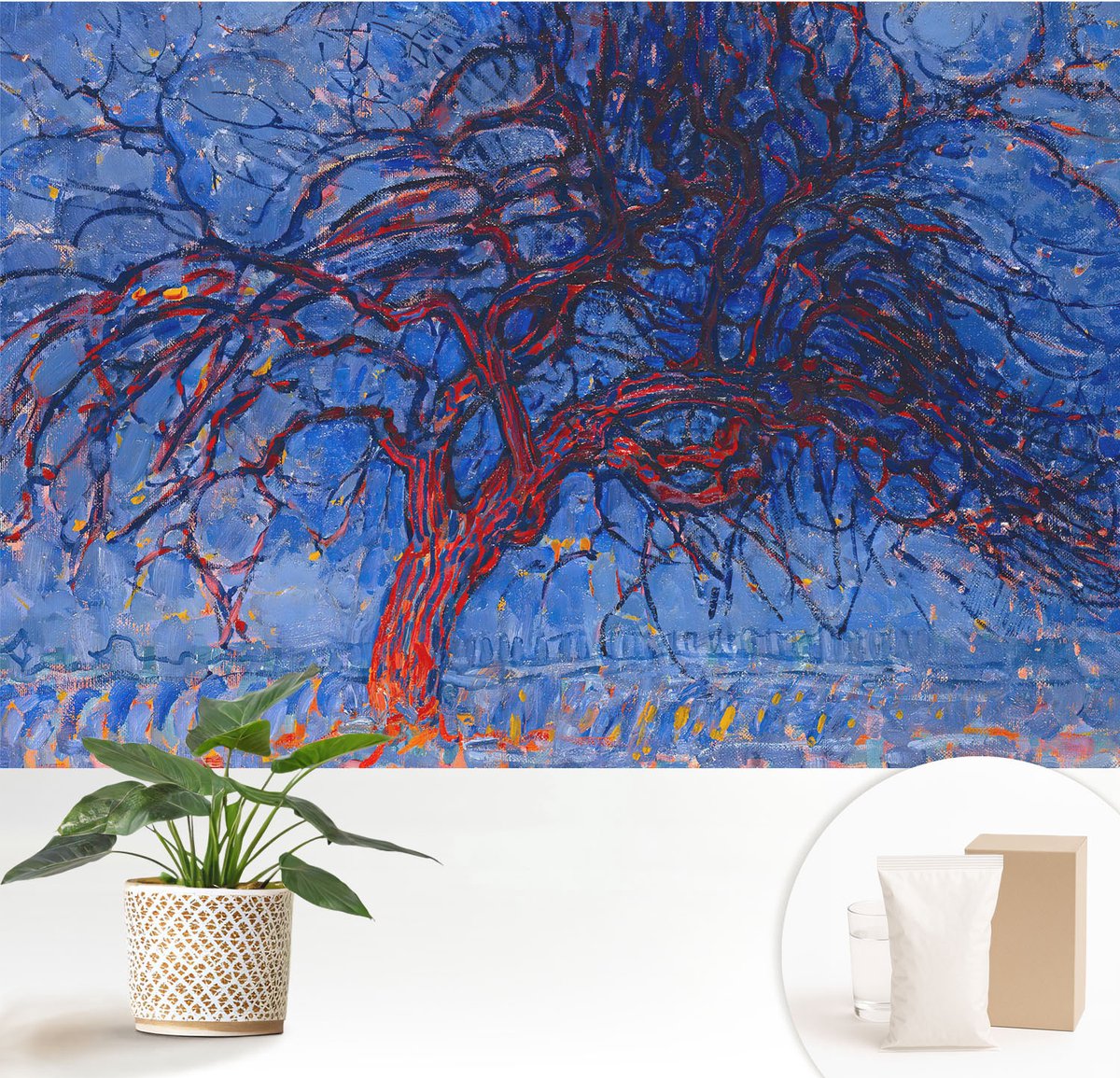Wallfluent Fotobehang - Blauw Vliesbehang - 152x104 cm - Vlammenboom Muurschildering - Slaapkamer behang Deel - Fotobehang Vlies - Slaapkamer behang