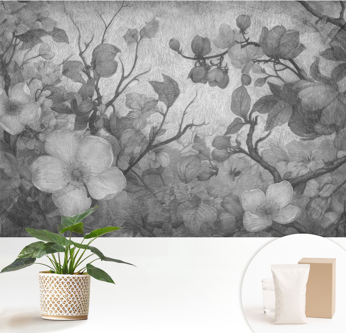 Wallfluent Fotobehang - Zwart-Wit Vliesbehang - 152x104 cm - Bloemtak Muurschildering - Gang behang Bloemen En Planten - Fotobehang Vlies - Slaapkamer behang