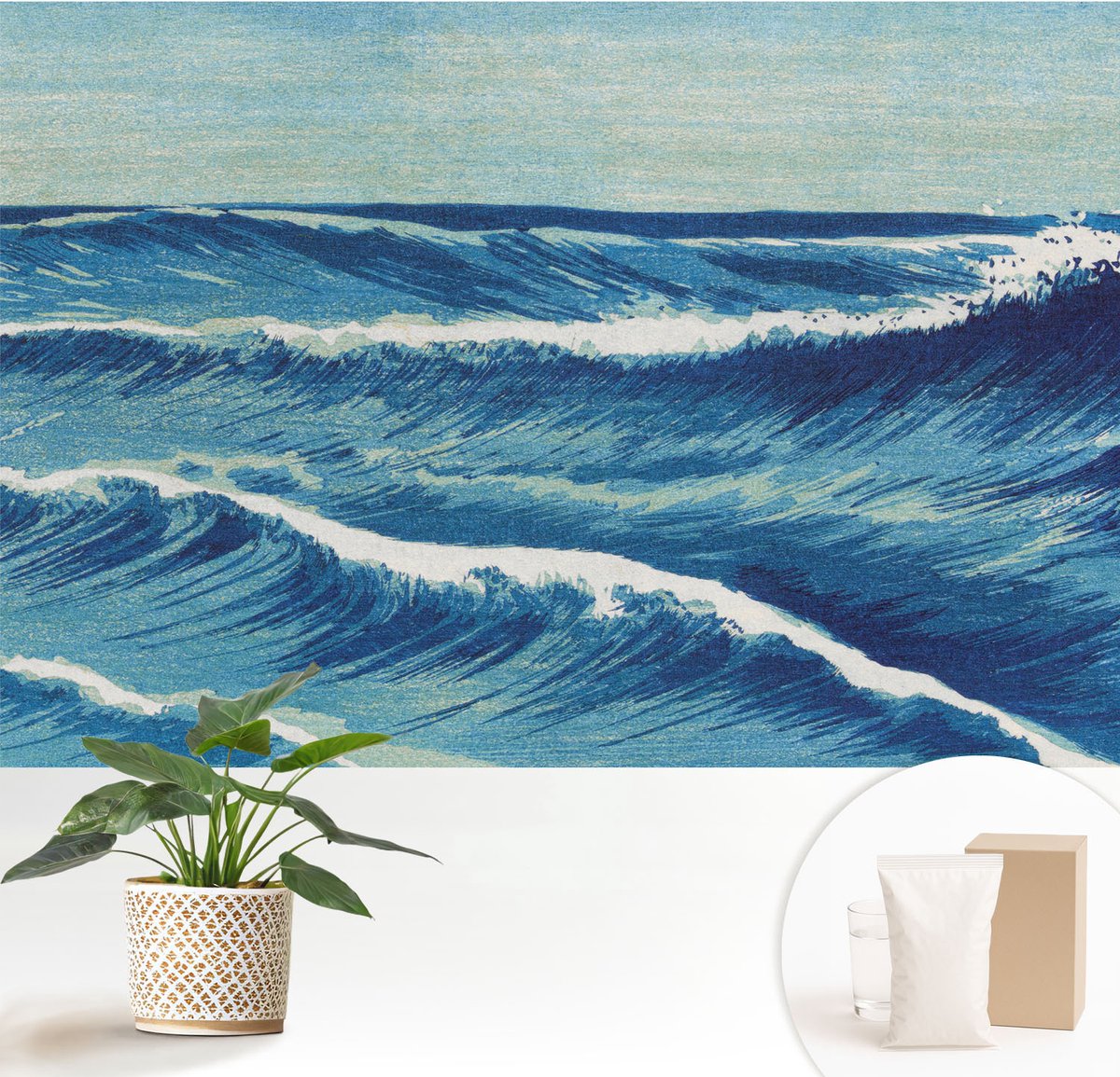 Wallfluent Fotobehang - Blauw Vliesbehang - 152x104 cm - Zeegolven Fotobehang Vlies - Hal behang Landschappen - Muurschildering - Hal behang