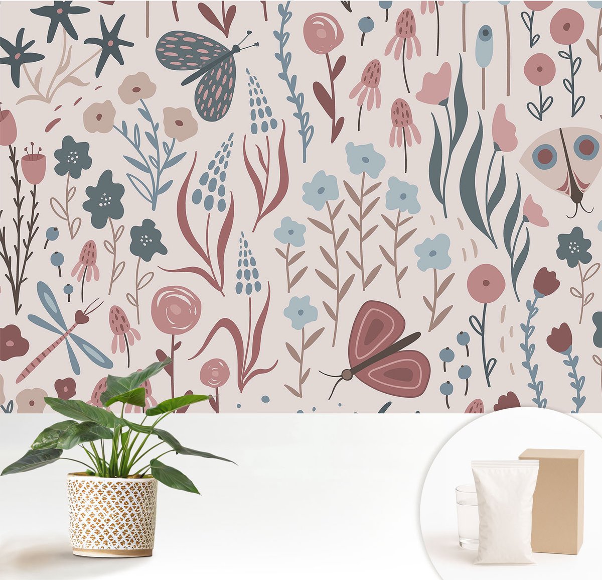 Wallfluent Fotobehang - Roze Vliesbehang - 152x104 cm - Bloemen En Insecten Fotobehang Vlies - Hal behang Bloemen En Planten - Muurschildering - Woonkamer behang