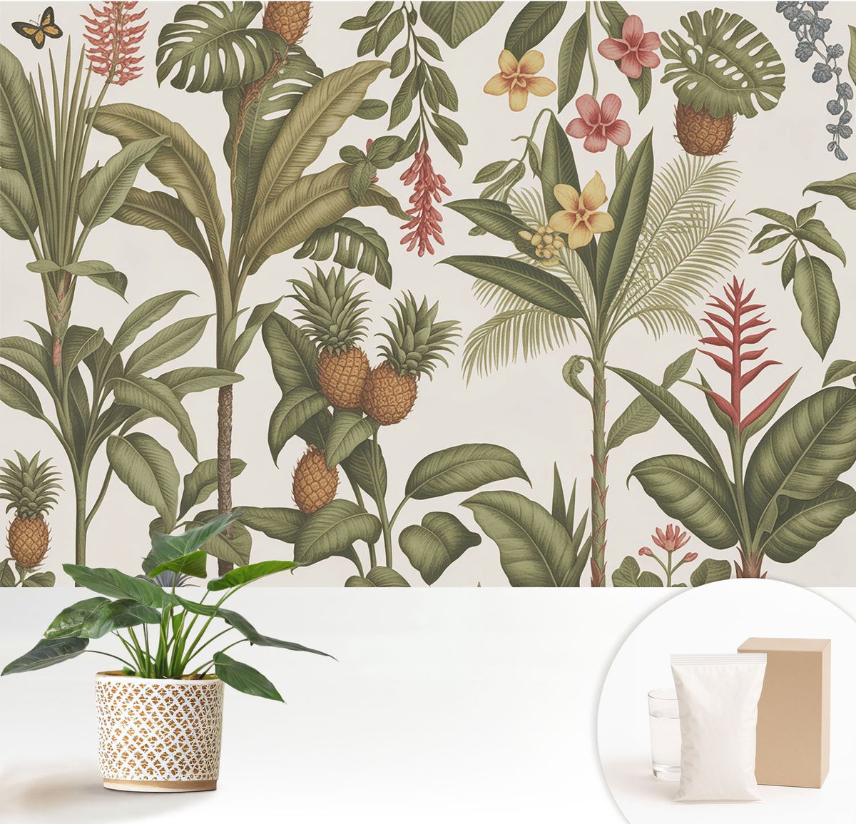 Wallfluent Fotobehang - Grijs Vliesbehang - 152x104 cm - Exotische Natuur Fotobehang Vlies - Woonkamer behang Bloemen En Planten - Muurschildering - Hal behang