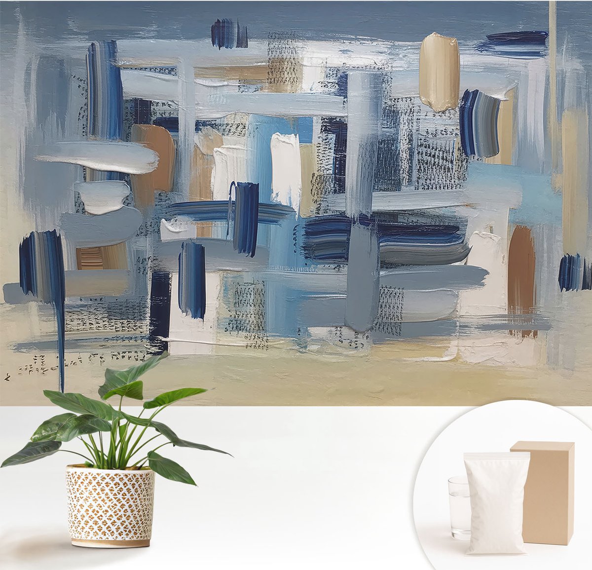 Wallfluent Fotobehang - Blauw Vliesbehang - 152x104 cm - Abstracte Penselen Muurschildering - Gang behang Abstractie - Fotobehang Vlies - Slaapkamer behang