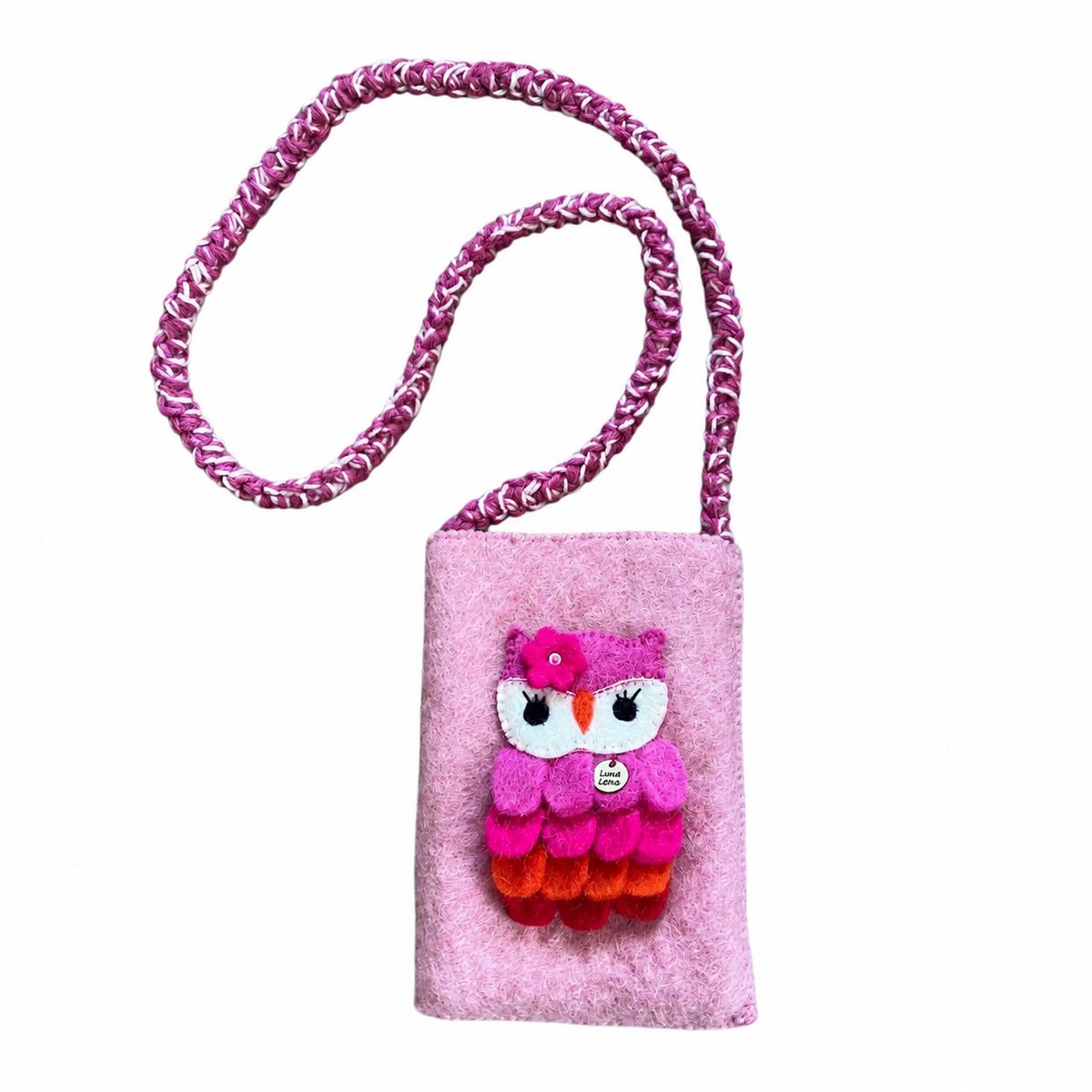 Luna-Leena duurzame kindertas met owl - roze/red - één vak - wol vilt - hand gemaakt in Nepal - tas - schoudertas - owl shoulder kidsbag - cadeau - gift accessoires