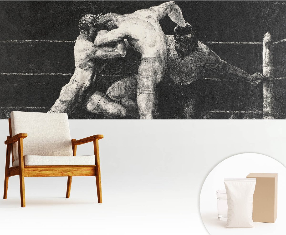 Wallfluent Fotobehang - Zwart Vliesbehang - 250x104 cm - Boksersduel Fotobehang Vlies - Woonkamer behang Deel - Muurschildering - Hal behang