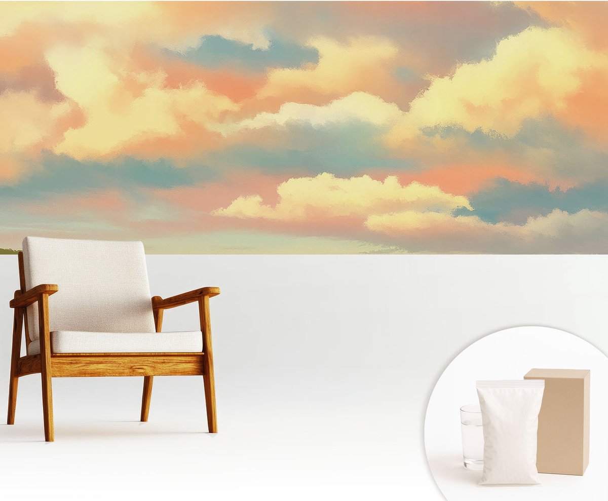 Wallfluent Fotobehang - Oranje Vliesbehang - 250x104 cm - Hemelwolken Fotobehang Vlies - Woonkamer behang Landschappen - Muurschildering - Hal behang