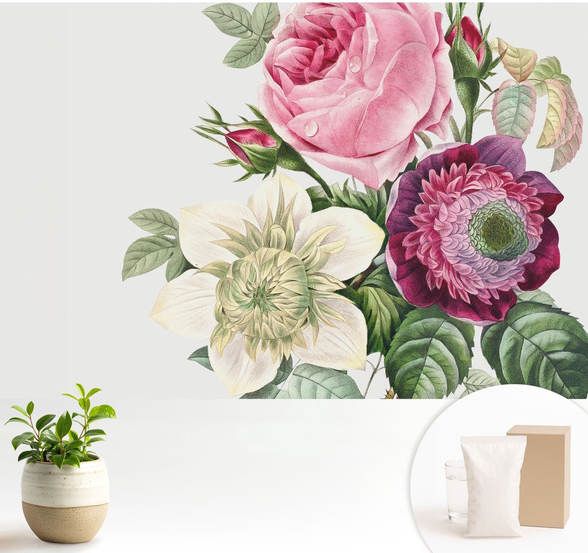 Wallfluent Fotobehang - Roze Vliesbehang - 104x70 cm - Bloemenboeket Muurschildering - Slaapkamer behang Bloemen En Planten - Fotobehang Vlies - Slaapkamer behang