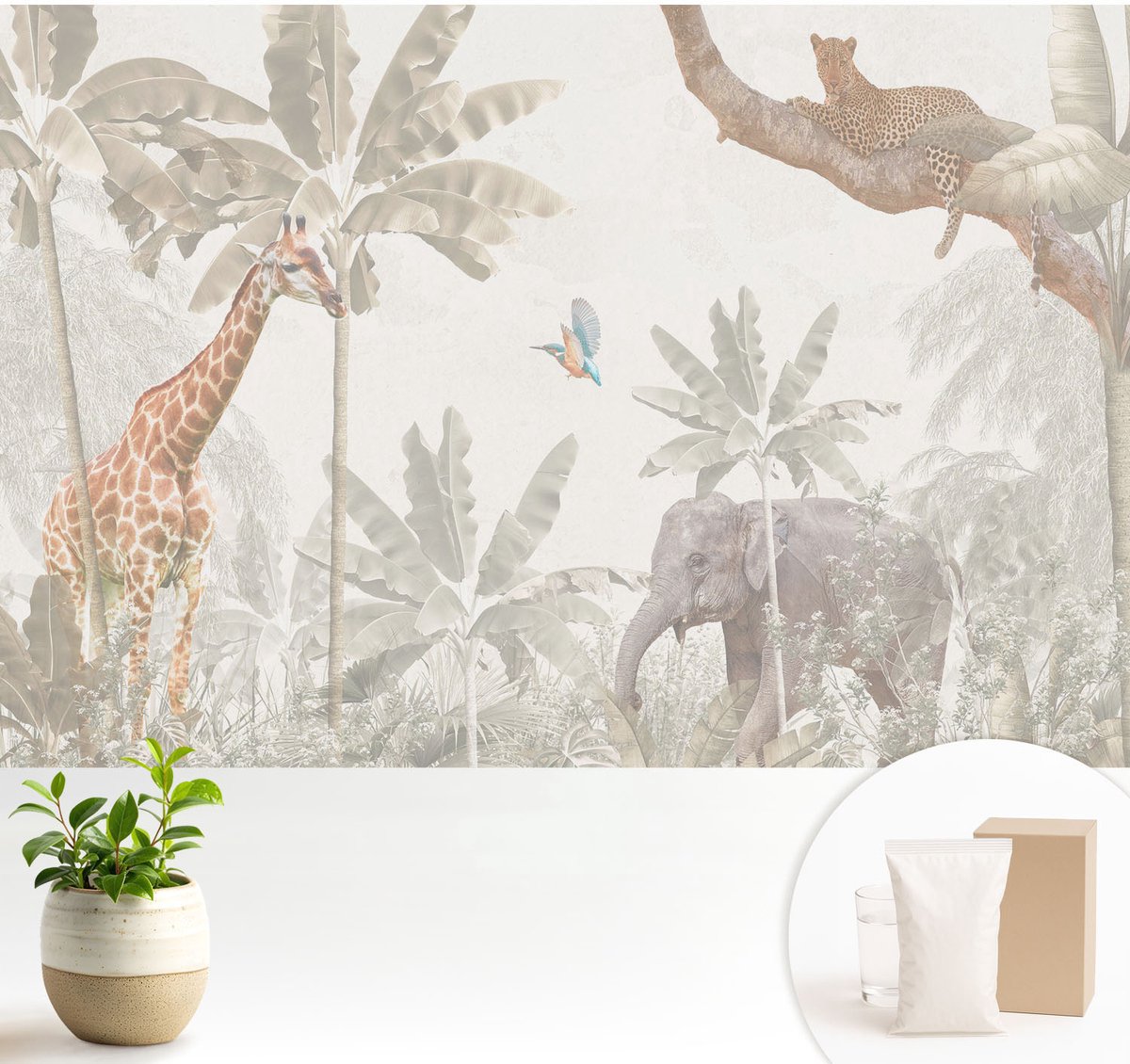 Wallfluent Fotobehang - Wit Vliesbehang - 104x70 cm - Tropische Oase Fotobehang Vlies - Hal behang Dieren - Muurschildering - Hal behang