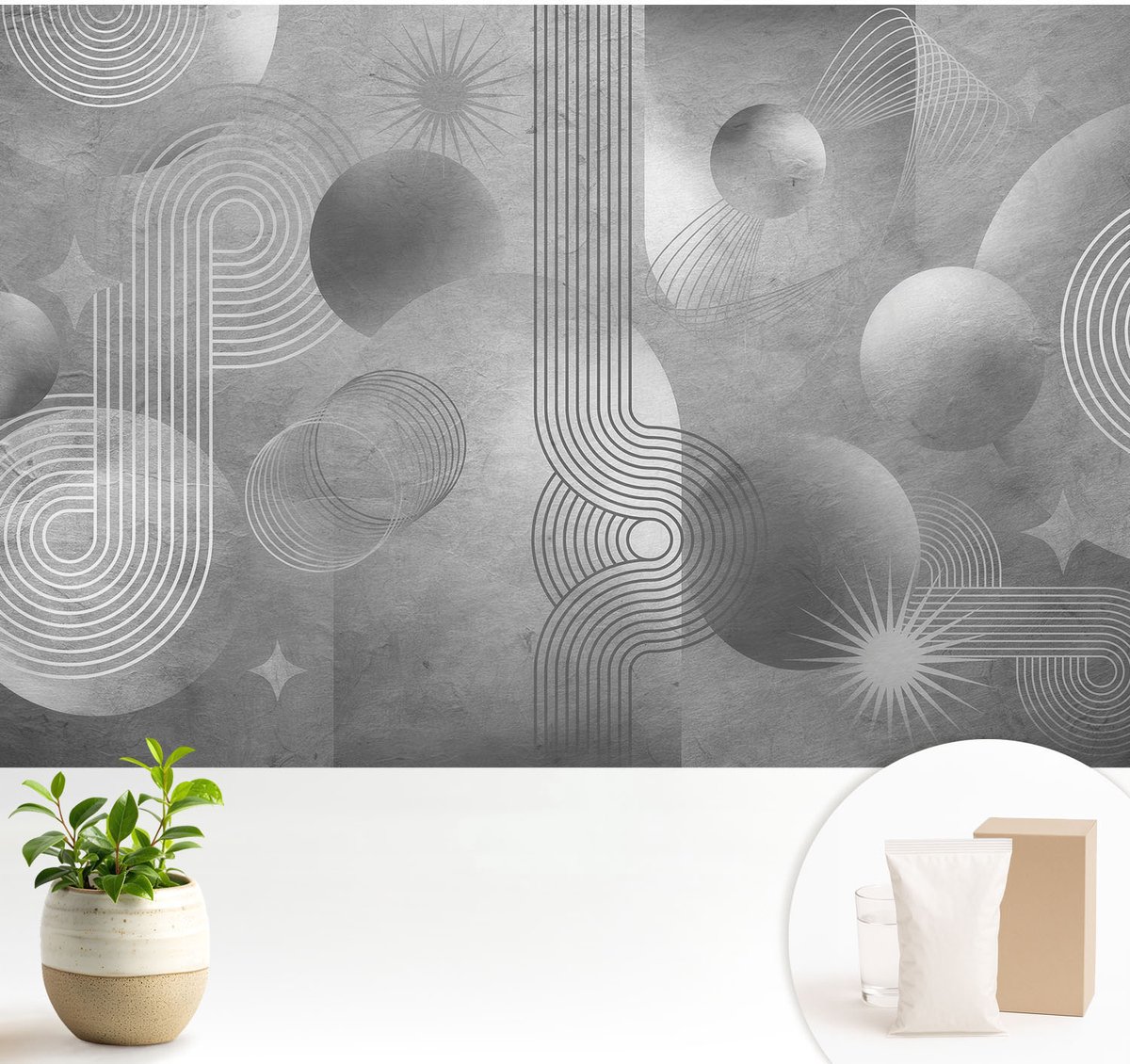 Wallfluent Fotobehang - Grijs Vliesbehang - 104x70 cm - Abstracte Elegantie Fotobehang Vlies - Woonkamer behang Abstractie - Muurschildering - Woonkamer behang