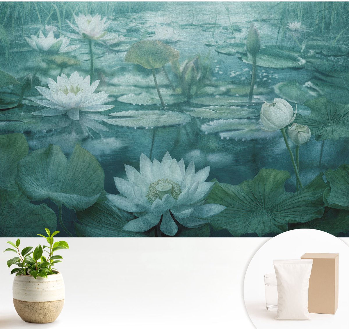 Wallfluent Fotobehang - Zwart-Wit Vliesbehang - 104x70 cm - Waterbloemen Fotobehang Vlies - Woonkamer behang Bloemen En Planten - Muurschildering - Woonkamer behang