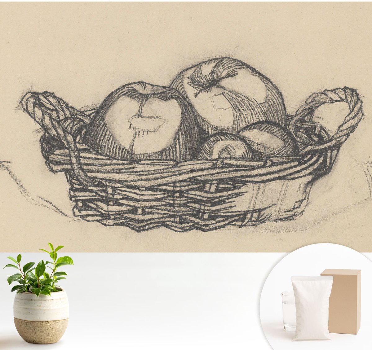 Wallfluent Fotobehang - Wit Vliesbehang - 104x70 cm - Fruitmand Fotobehang Vlies - Hal behang Deel - Muurschildering - Hal behang