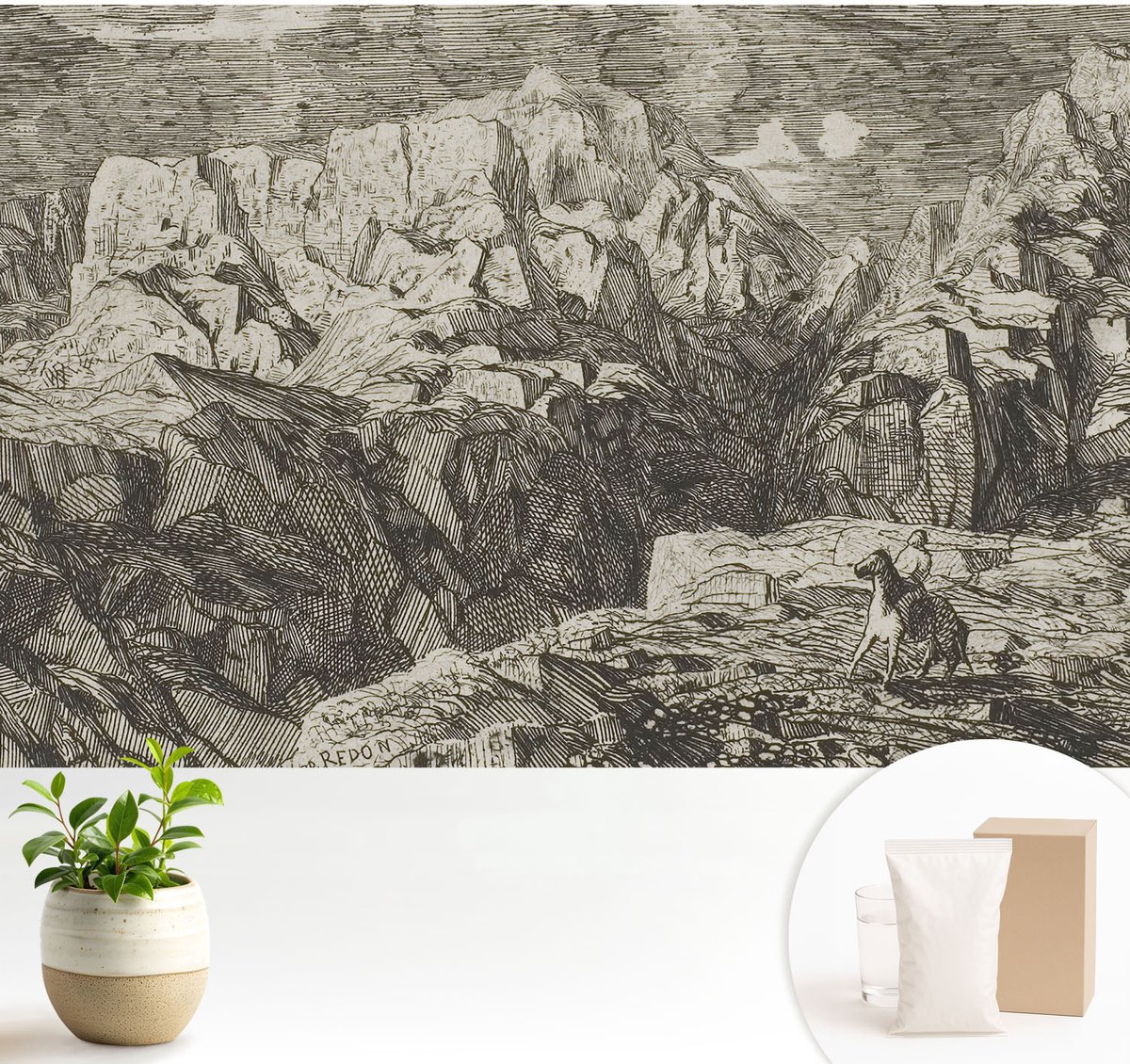 Wallfluent Fotobehang - Grijs Vliesbehang - 104x70 cm - Berglandschap Muurschildering - Slaapkamer behang Landschappen - Fotobehang Vlies - Slaapkamer behang
