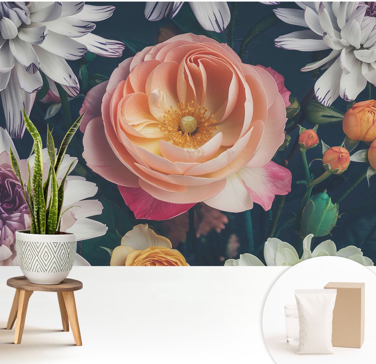 Wallfluent Fotobehang - Roze Vliesbehang - 208x146 cm - Bloemenharmonie Fotobehang Vlies - Hal behang Bloemen En Planten - Muurschildering - Woonkamer behang