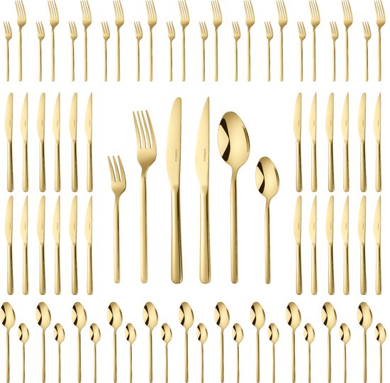 Service de couverts doré de 72 pièces, avec des rangées de fourchettes, de cuillères et de couteaux.