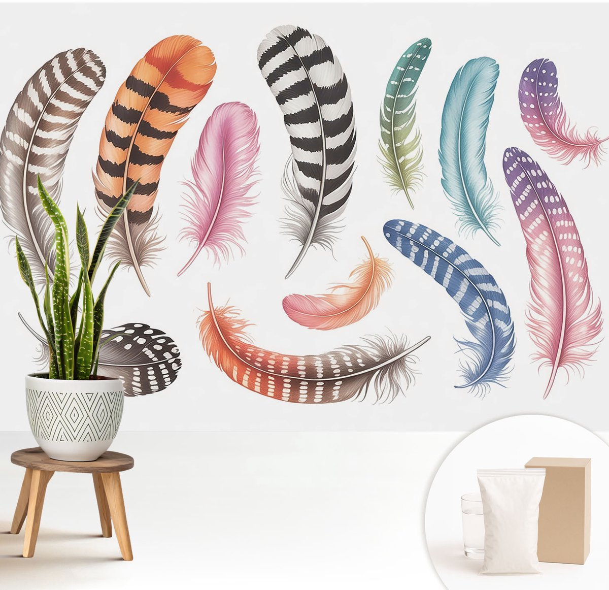 Wallfluent Fotobehang - Bruin Vliesbehang - 208x146 cm - Pastelkleurige Veren Fotobehang Vlies - Hal behang Achtergronden En Patronen - Muurschildering - Woonkamer behang