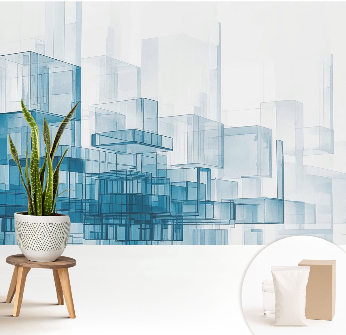Wallfluent Fotobehang - Wit Vliesbehang - 208x146 cm - Transparante Kubussen Fotobehang Vlies - Woonkamer behang Architectuur - Muurschildering - Hal behang