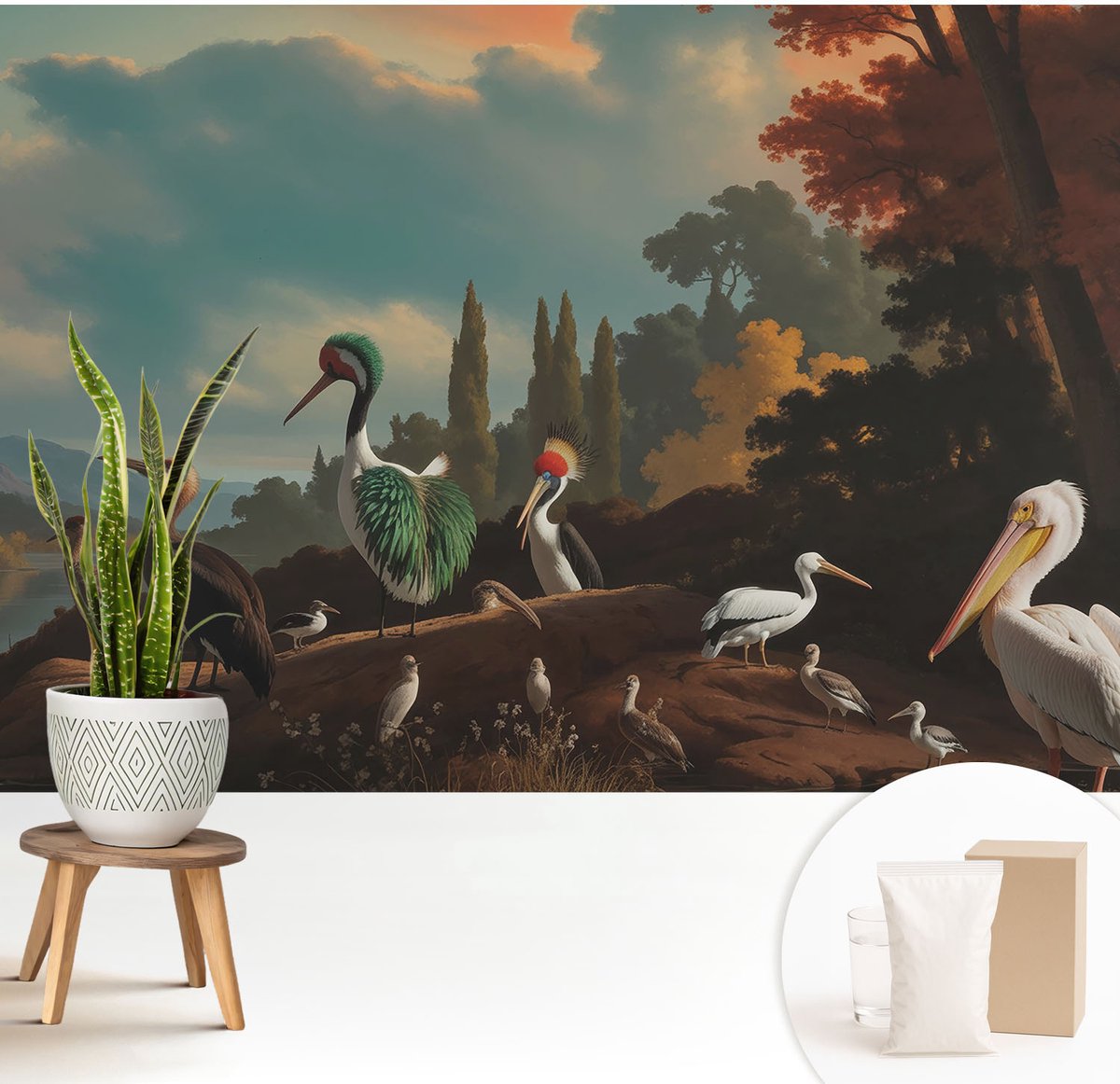 Wallfluent Fotobehang - Blauw Vliesbehang - 208x146 cm - Schilderachtige Vogels Muurschildering - Slaapkamer behang Landschappen - Fotobehang Vlies - Gang behang
