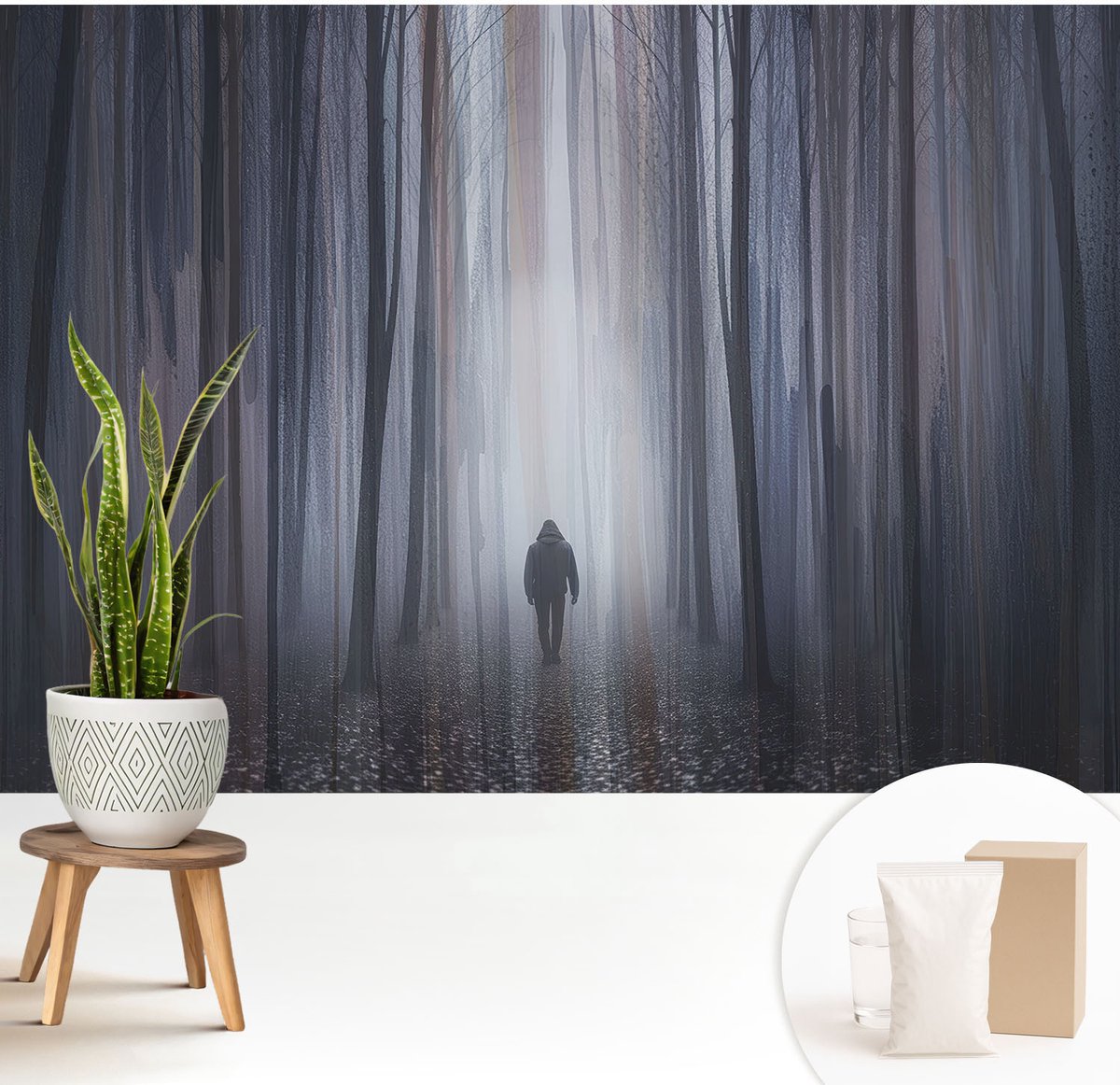 Wallfluent Fotobehang - Grijs Vliesbehang - 208x146 cm - Bosstilte Muurschildering - Gang behang Landschappen - Fotobehang Vlies - Slaapkamer behang