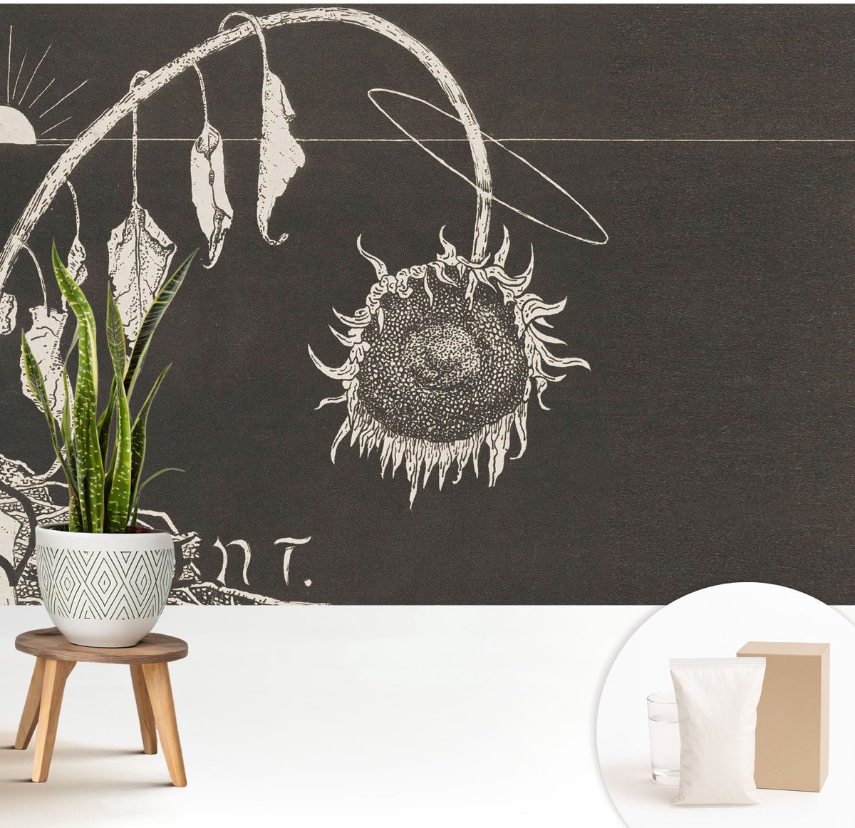 Wallfluent Fotobehang - Zwart Vliesbehang - 208x146 cm - Nostalgische Zonnebloem Muurschildering - Slaapkamer behang Deel - Fotobehang Vlies - Slaapkamer behang