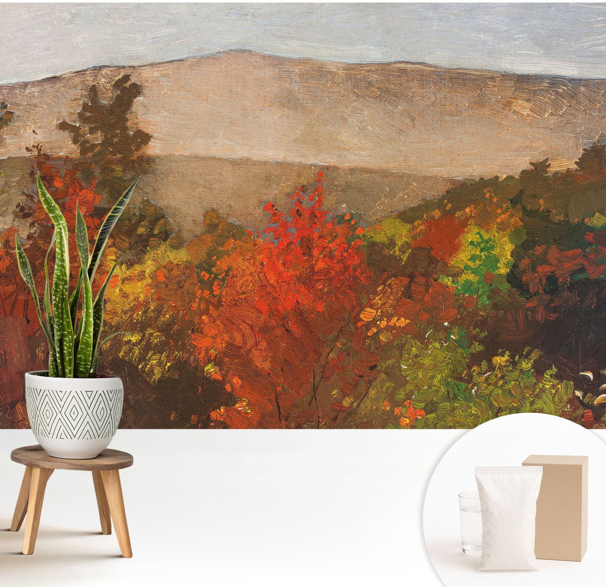 Wallfluent Fotobehang - Rood Vliesbehang - 208x146 cm - Herfstpanorama Muurschildering - Slaapkamer behang Landschappen - Fotobehang Vlies - Gang behang