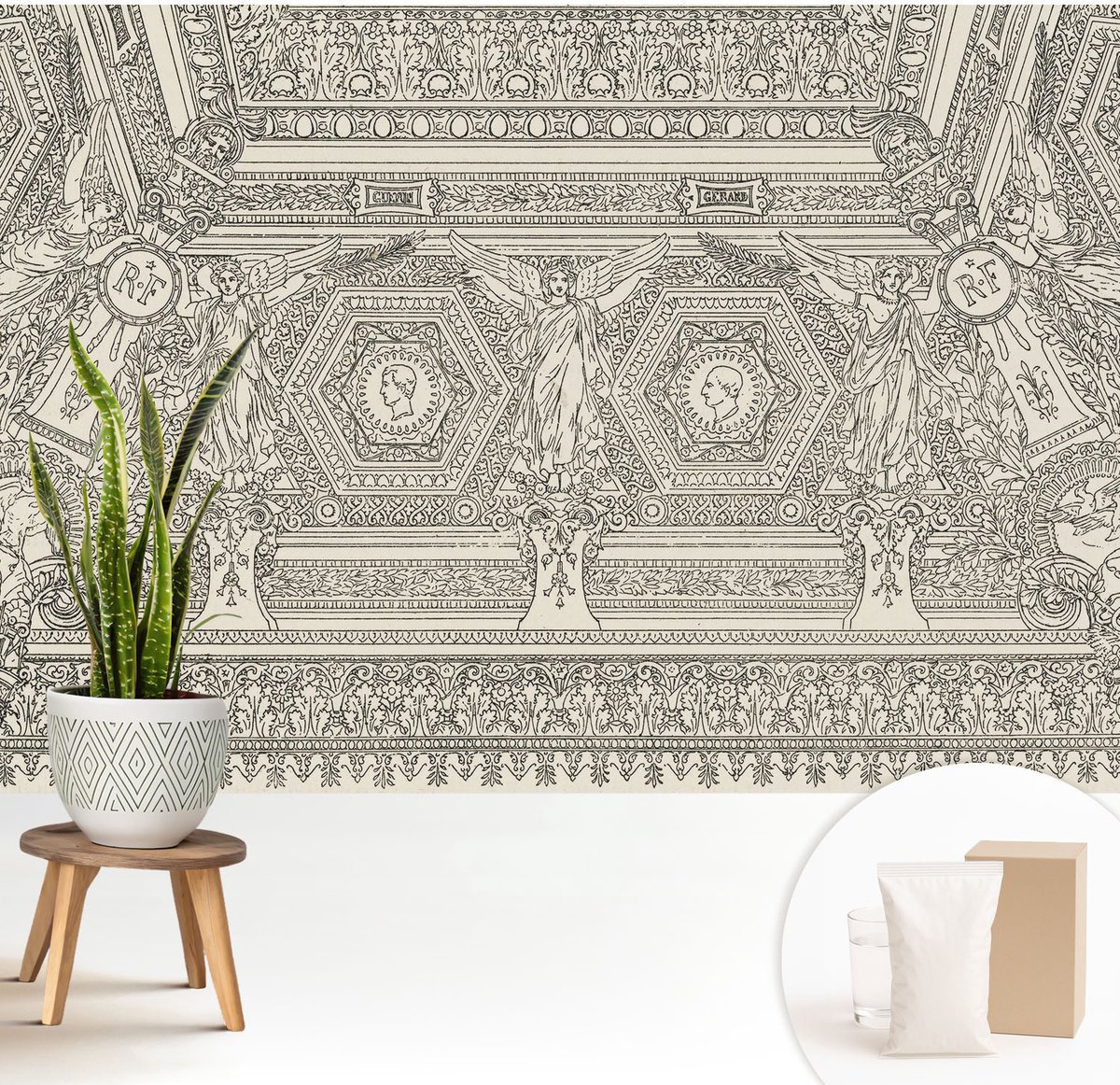 Wallfluent Fotobehang - Wit Vliesbehang - 208x146 cm - Klassiek Ornament Fotobehang Vlies - Hal behang Achtergronden En Patronen - Muurschildering - Woonkamer behang