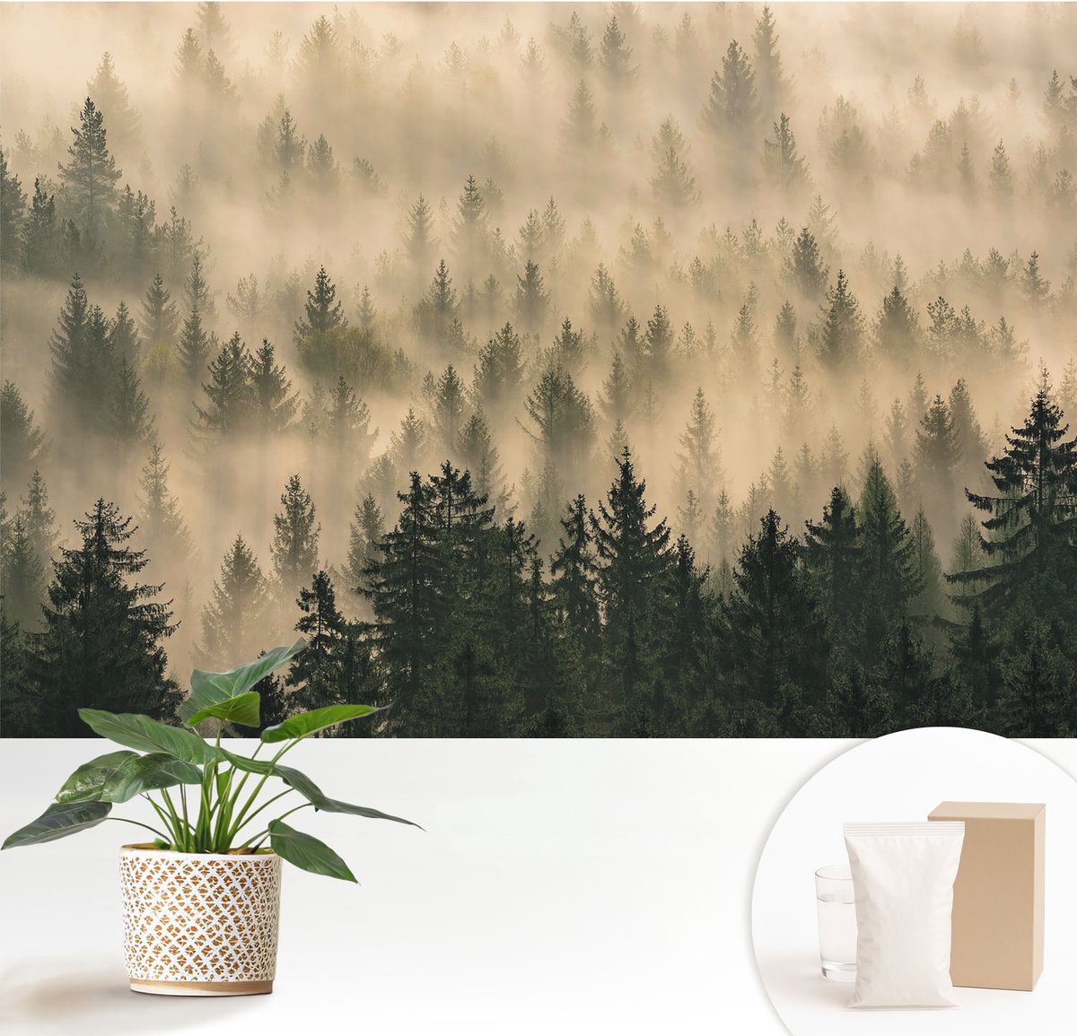Wallfluent Fotobehang - Grijs Vliesbehang - 152x104 cm - Bosmist Fotobehang Vlies - Hal behang Landschappen - Muurschildering - Woonkamer behang