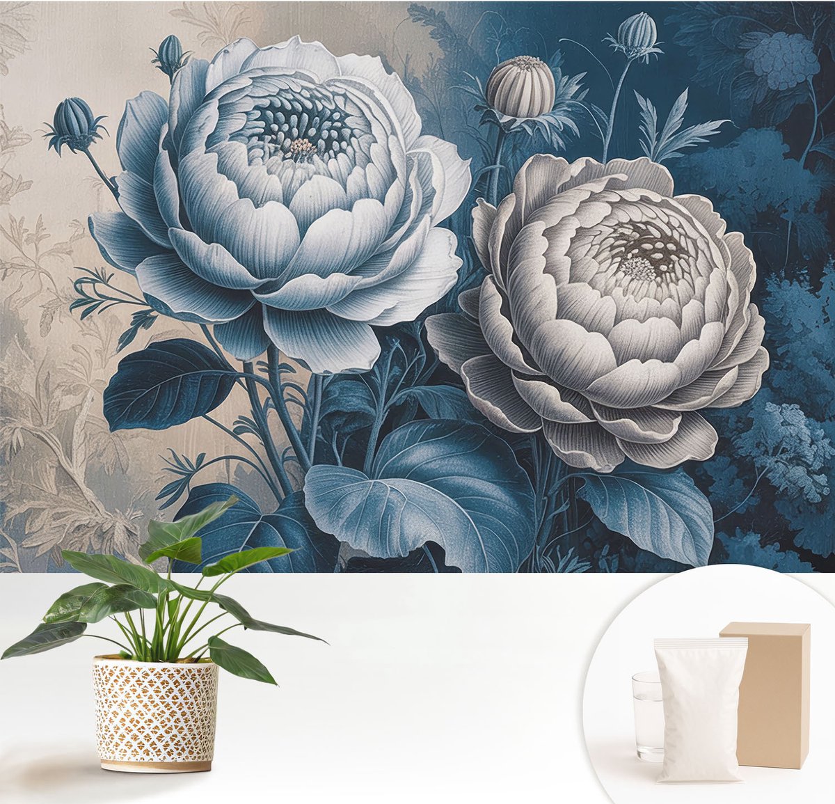 Wallfluent Fotobehang - Blauw Vliesbehang - 152x104 cm - Romantische Bloemen Fotobehang Vlies - Woonkamer behang Bloemen En Planten - Muurschildering - Woonkamer behang