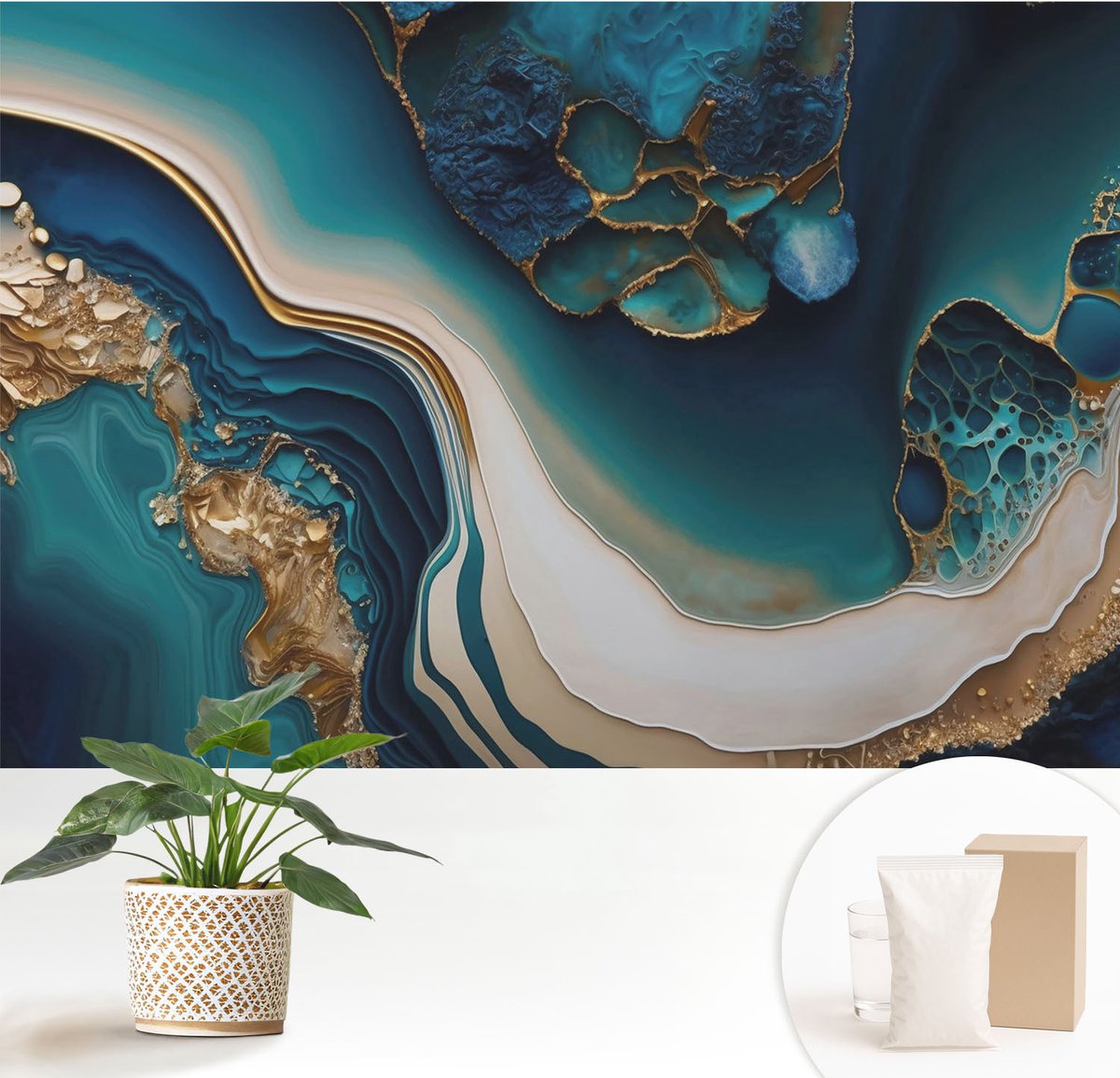 Wallfluent Fotobehang - Turkoois Vliesbehang - 152x104 cm - Kleurrijke Abstractie Fotobehang Vlies - Woonkamer behang Abstractie - Muurschildering - Woonkamer behang