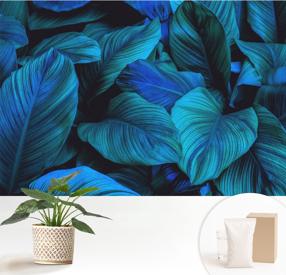 Wallfluent Fotobehang - Blauw Vliesbehang - 152x104 cm - Blauwe Bladeren Muurschildering - Gang behang Bloemen En Planten - Fotobehang Vlies - Slaapkamer behang