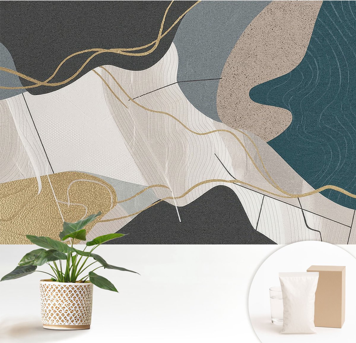 Wallfluent Fotobehang - Grijs Vliesbehang - 152x104 cm - Abstracte Vormen Muurschildering - Gang behang Abstractie - Fotobehang Vlies - Gang behang
