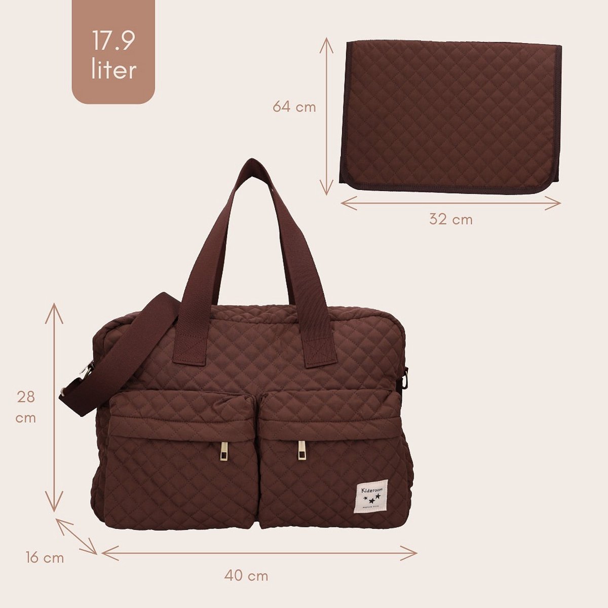Kidzroom Calm Embrace Luiertas - Bruin - 28 x 40 x 16 cm - Verschoonmatje - Verstelbare schouderband - Ophanglussen kinderwagen thumbnail 5