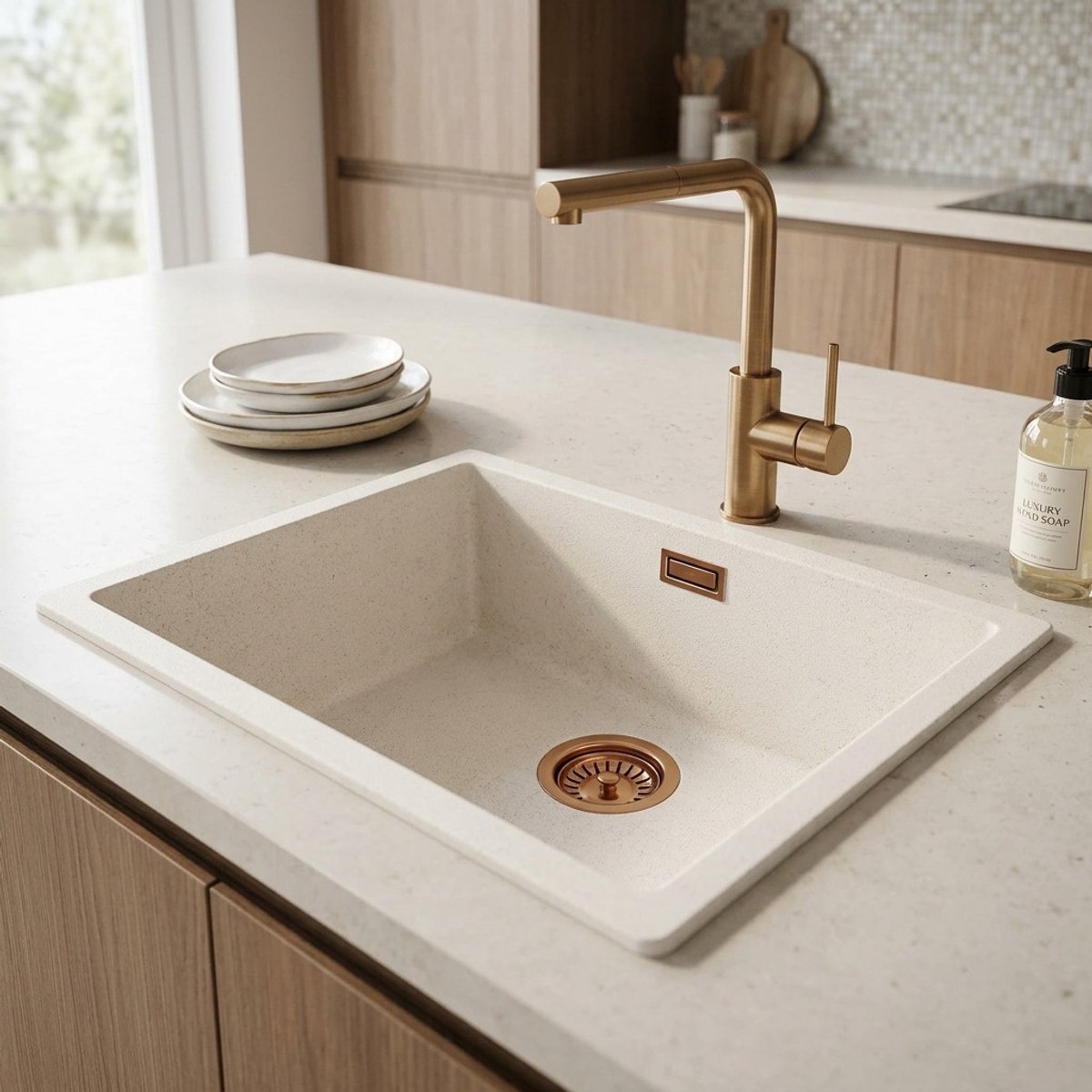 Spoelbak 50x40 cm zand wit onderbouw, opbouw Pure.Sink