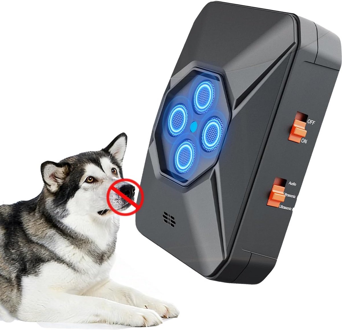 Anti-sanioren voor honden, 4 ultrasone zenders, 3 instelbare frequentieniveaus, bereik tot 9 meter, veilig voor kleine, middelgrote en grote honden (zwart)