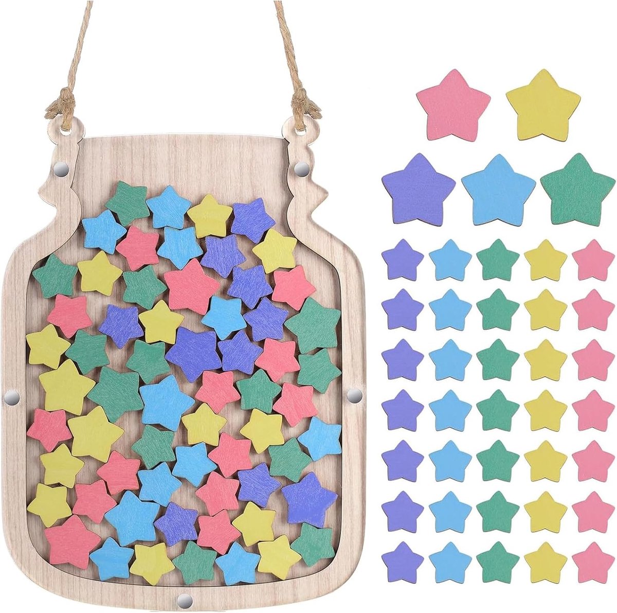 Beloningsglas voor kinderen, beloningssysteem voor kinderen, beloningsglazenset voor school en thuis, motivatiehulp voor positief gedrag (beloningsglas + touw + 80 sterren)